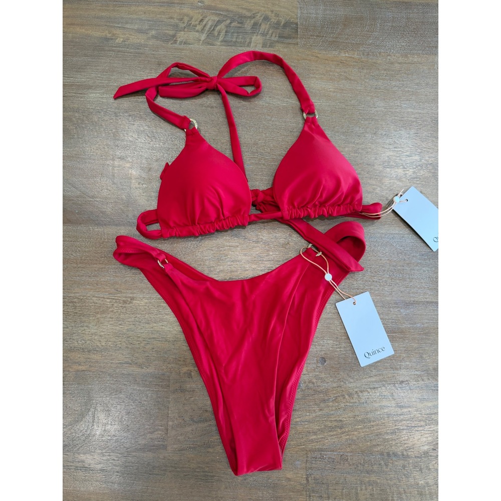 Quince Recycled Triangle Bikini Set Red Gold Ring Size M NWT Bathing suit beach